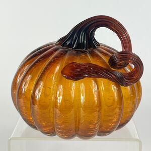 Mouth Blown Amber Art Glass Pumpkin Orange Crackle Curly Stem Handmade Handblown